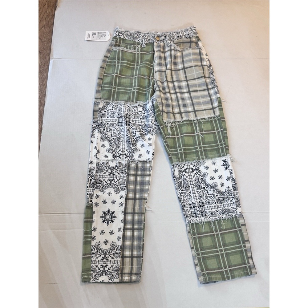 Womens Patchwork Jeans Check Paisley‎ Green Beige Straight Size Small